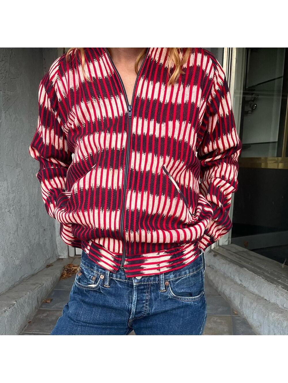 Vintage 70s Guatemalan Ikat Weave Zip Jacket Red Striped Boho Unisex